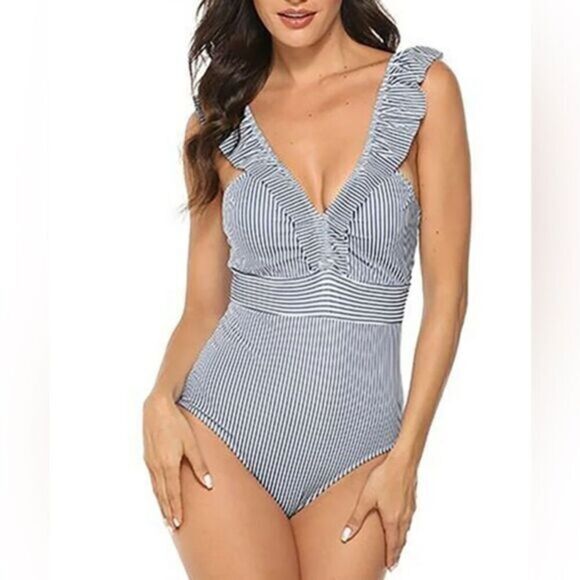 NWT Women’s.Blue/White Micro Stripe Deep V Neck Ruffle One Piece Swimsuit-Size M - Picture 1 of 6